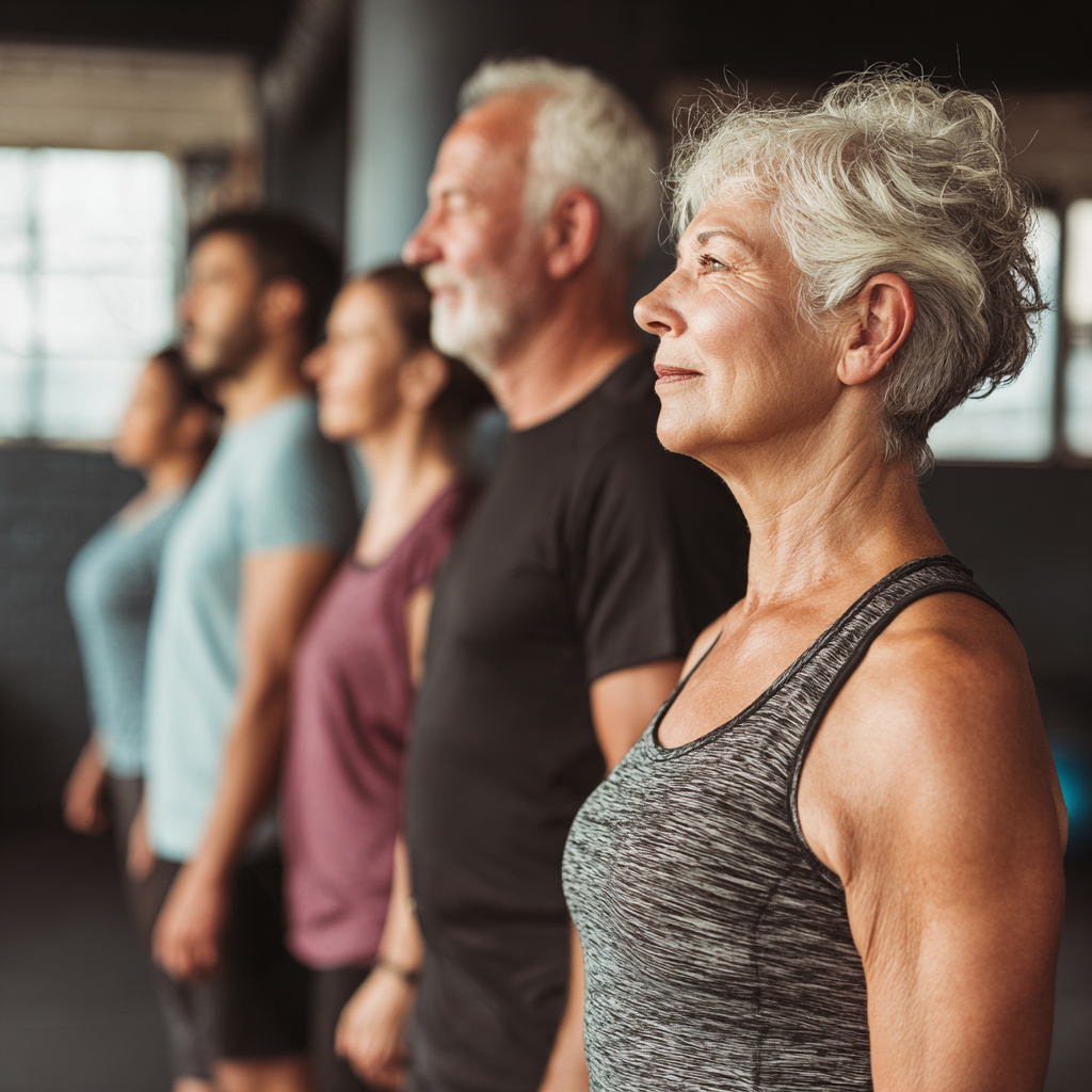 Group of mature adults participating in functional fitness session with professional trainer guidance