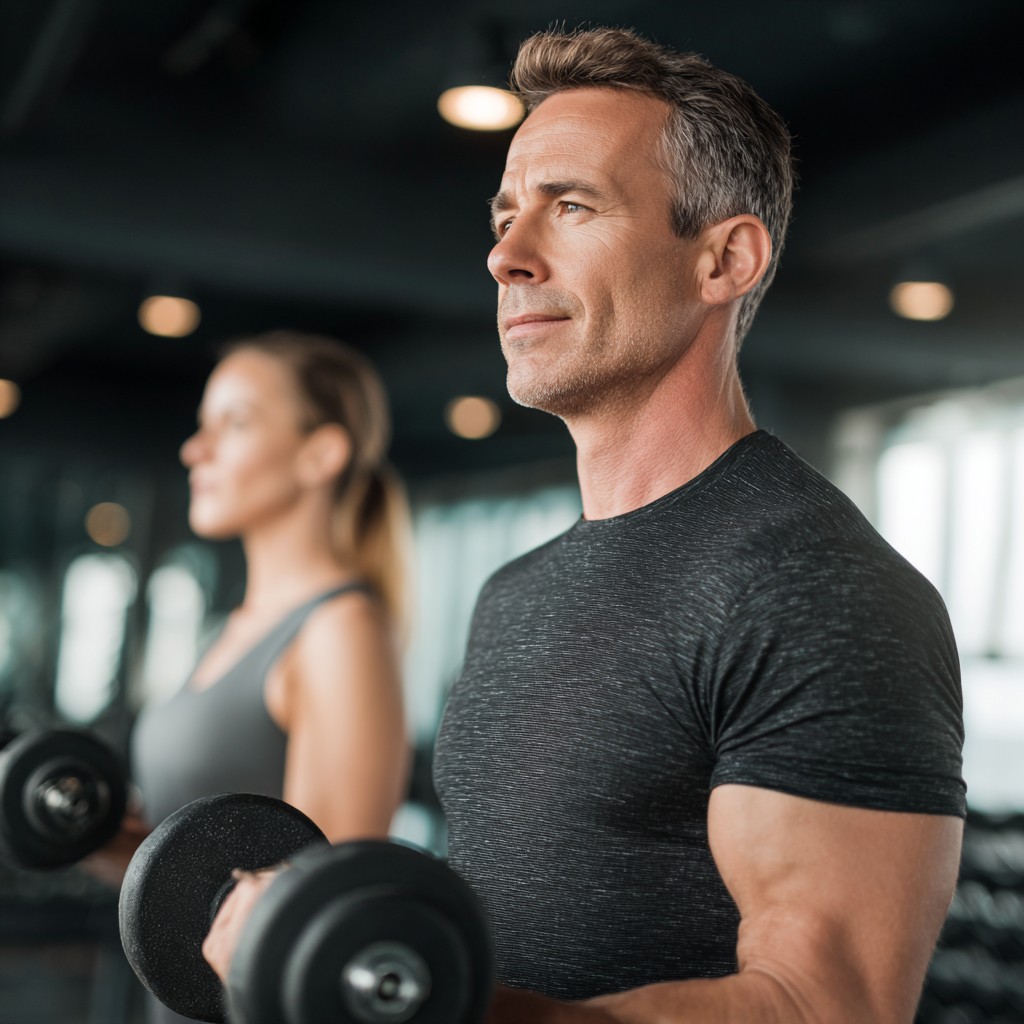 Middle-aged fitness enthusiasts training with weights in modern gym environment
